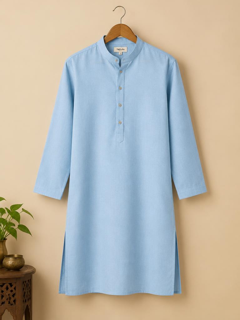 Pastel blue cotton kurta on a hanger