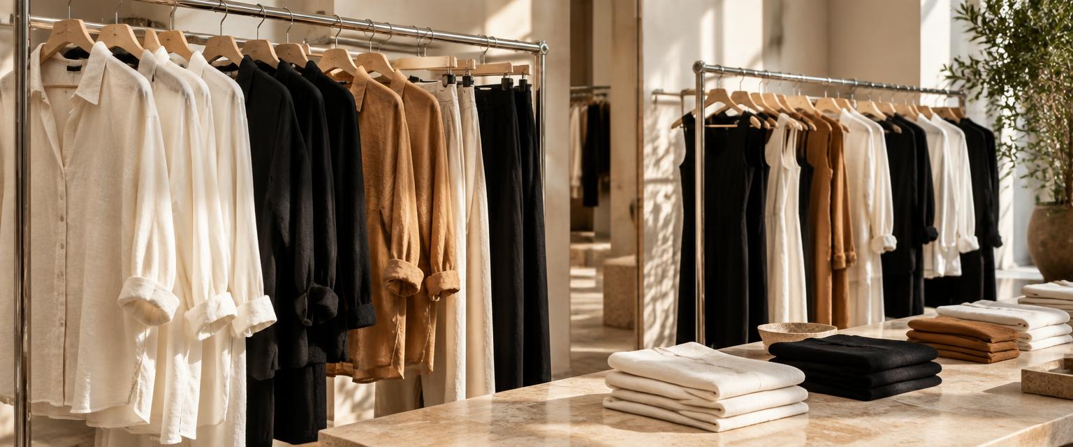 A curated rail of contemporary clothing in a boutique