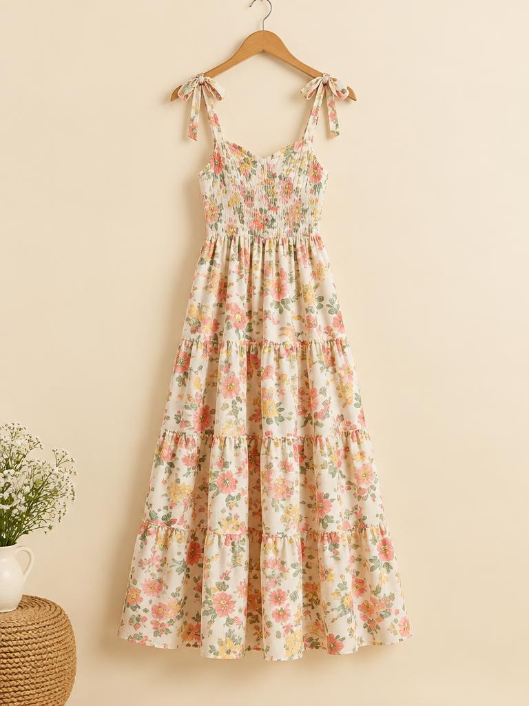 Floral tiered summer dress on a hanger
